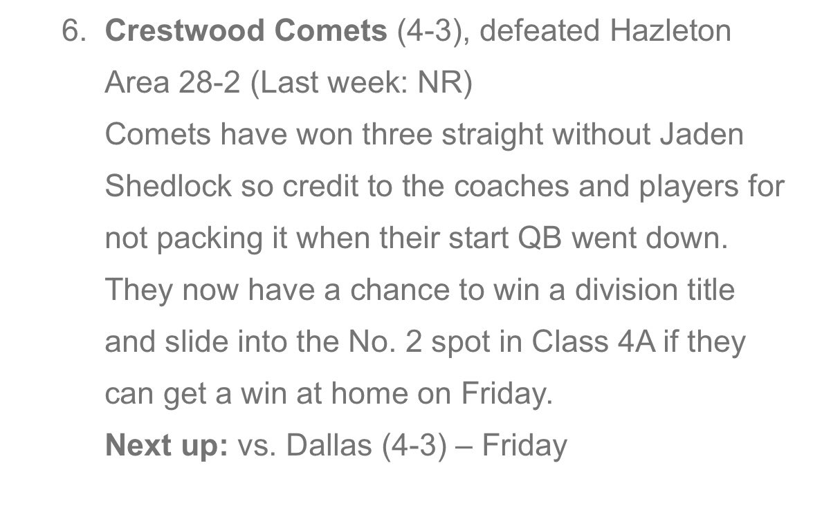 Your Comets are #6 in the <a href="/NEPAFootball/">NPF Football</a> Week 7 Super Six Power Rankings! 

Go CCCOMETS!!! 🏈☄️<a href="/ArcangeliCoach/">Ryan Arcangeli</a>