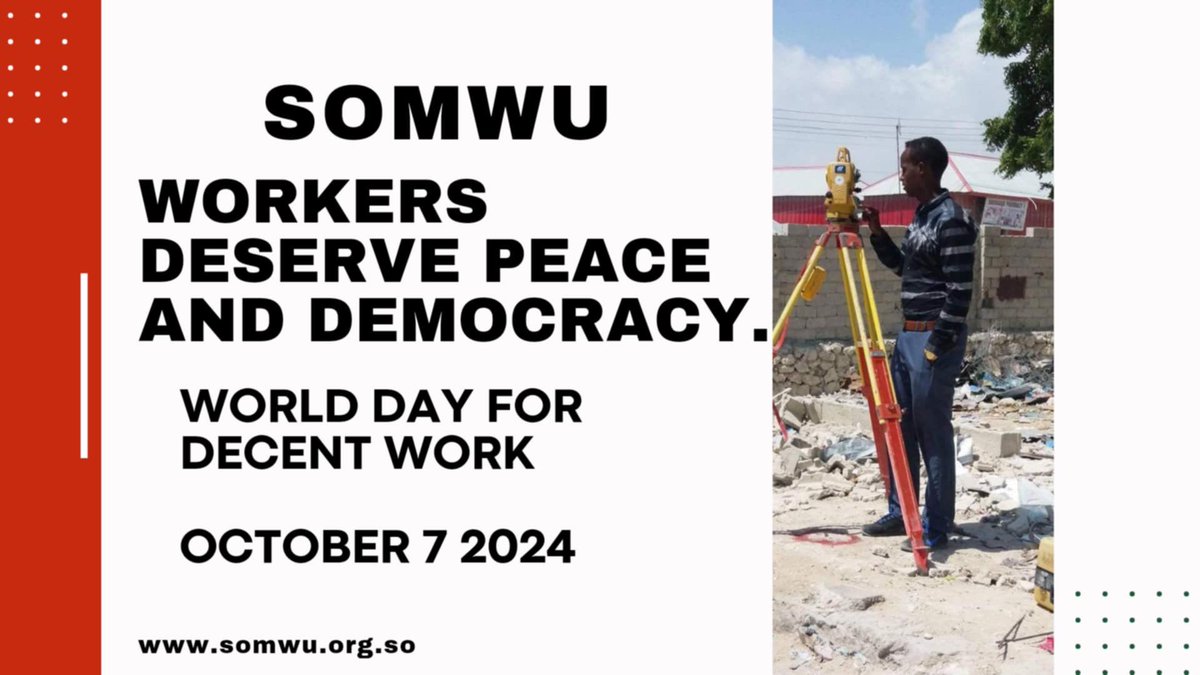 somwuofficial's tweet photo. SOMWU's message for the 2024 World Day for Decent Work emphasizes the slogan "Workers Deserve Peace and Democracy." This year's theme stresses that peace and democratic rights are essential for achieving decent work, particularly as workers worldwide face challenges from conflict, authoritarianism, and inequality.