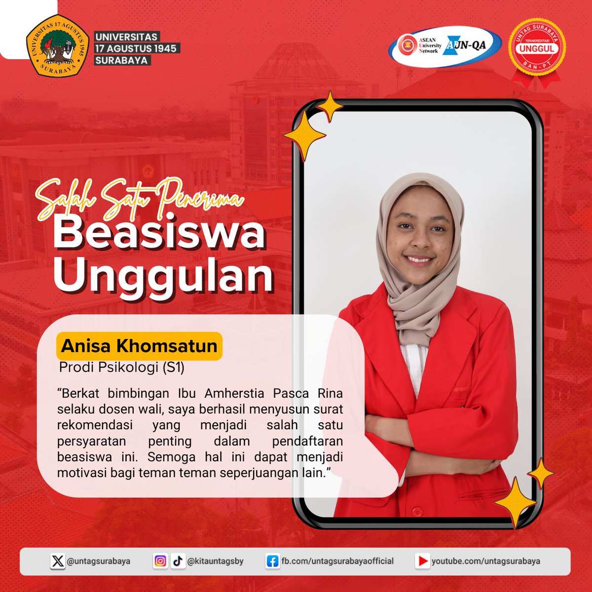 Beasiswa Unggulan yang dikeluarkan resmi oleh Kemendikbud Ristek ini sgt berpeluang bagi calon mahasiswa yang memiliki prestasi bisa melanjutkan pendidikan tinggi di Kampus Merah Putih, Untag Surabaya. 
Selamat untuk Kalian !
#BeasiswaUnggulan
#PenerimaBeasiswa
#MahasiswaUntagsby