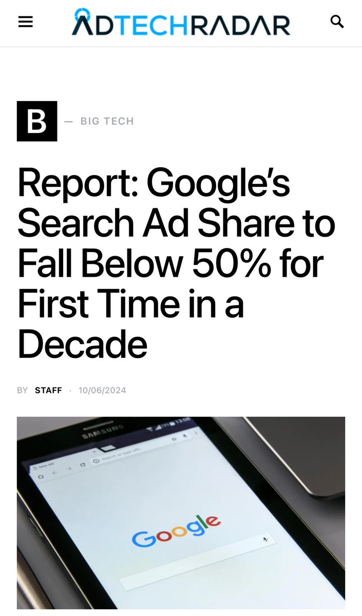 adtechradar's tweet image. Do we report on the weekend? Figuring it out but thinking “yes.”

Anyway, @eMarketer + @WSJ report Google’s search ad share will drop below 50% in 2025. @AmazonAds, @perplexity_ai, and @tiktok_us are all coming for those dollars.

adtechradar.com/2024/10/06/rep…

#adtech #adtechradar