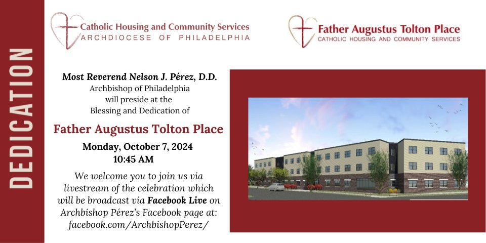 We invite you to join <a href="/ArchbishopPerez/">Archbishop Nelson Perez</a> virtually this morning for the blessing and dedication of Father Augustus Tolton Place, our new affordable housing community! The event will be streamed live at 10:45 a.m. via Archbishop’s Facebook page at
facebook.com/ArchbishopPere….