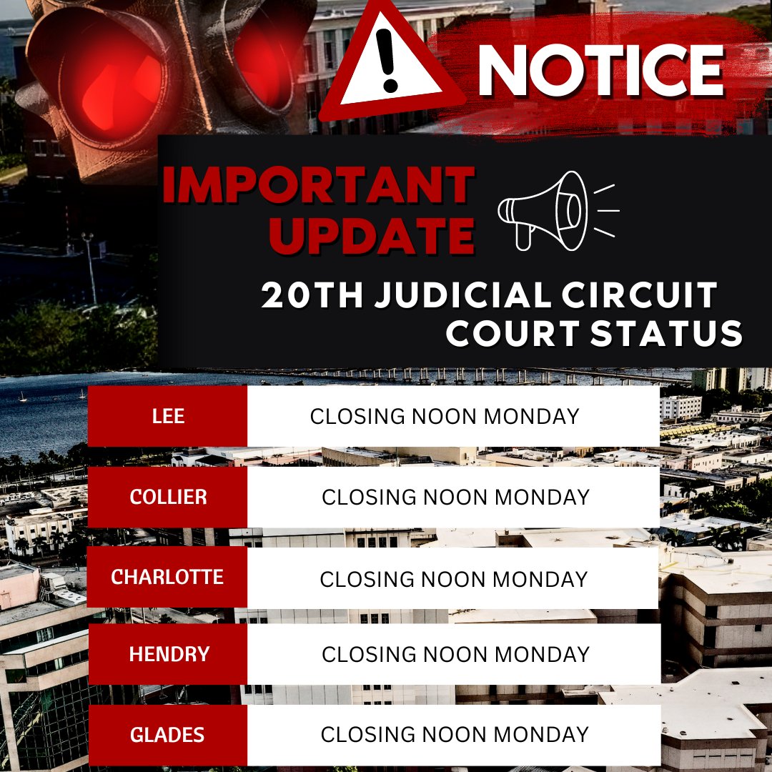 SWFLCourts's tweet photo. COURT OPERATIONS UPDATE ⚠️Due to Hurricane Milton, 20th Judicial Circuit Courts will be closing at NOON on Monday, October 7, 2024 through Thursday, October 10th, 2024. The Courts are already closed Friday, October 11, 2024 for Yom Kippur.
#SWFL #SWFLCourts #FloridaCourts #FLBar https://t.co/TOuNVg9CMS