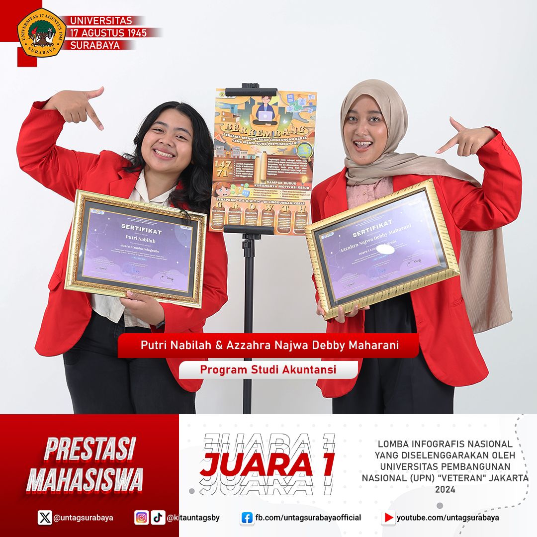 Azzahra Najwa Debby Maharani dan Putri Nabilah, Mahasiswa Akuntansi Untag Surabaya sukses Raih Juara 1 tingkat Nasional. 

Terima kasih para pejuang prestasi, semangat terus kak 🇮🇩

#untagSurabaya
#PejuangPrestasi 
#hidupmahasiswa 
#MahasiswaUntagSurabaya
#LombaInfografisNasional