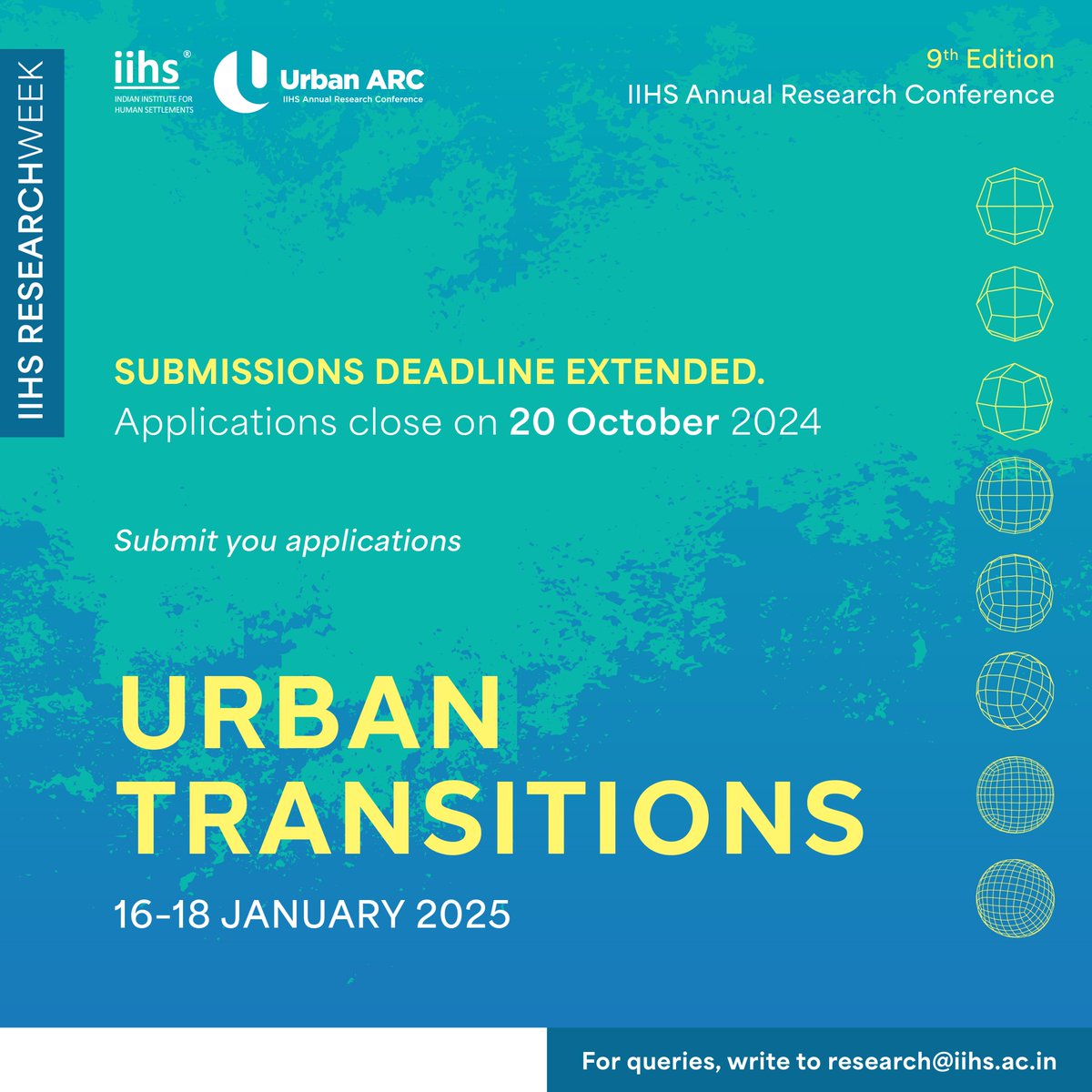 Missed the submission deadline for IIHS Urban ARC 2025? The submission deadline has been extended to 20 October 2024.  

The ninth edition invites researchers and practitioners to explore questions of 'Urban Transitions' through various disciplines, sectors, methods and