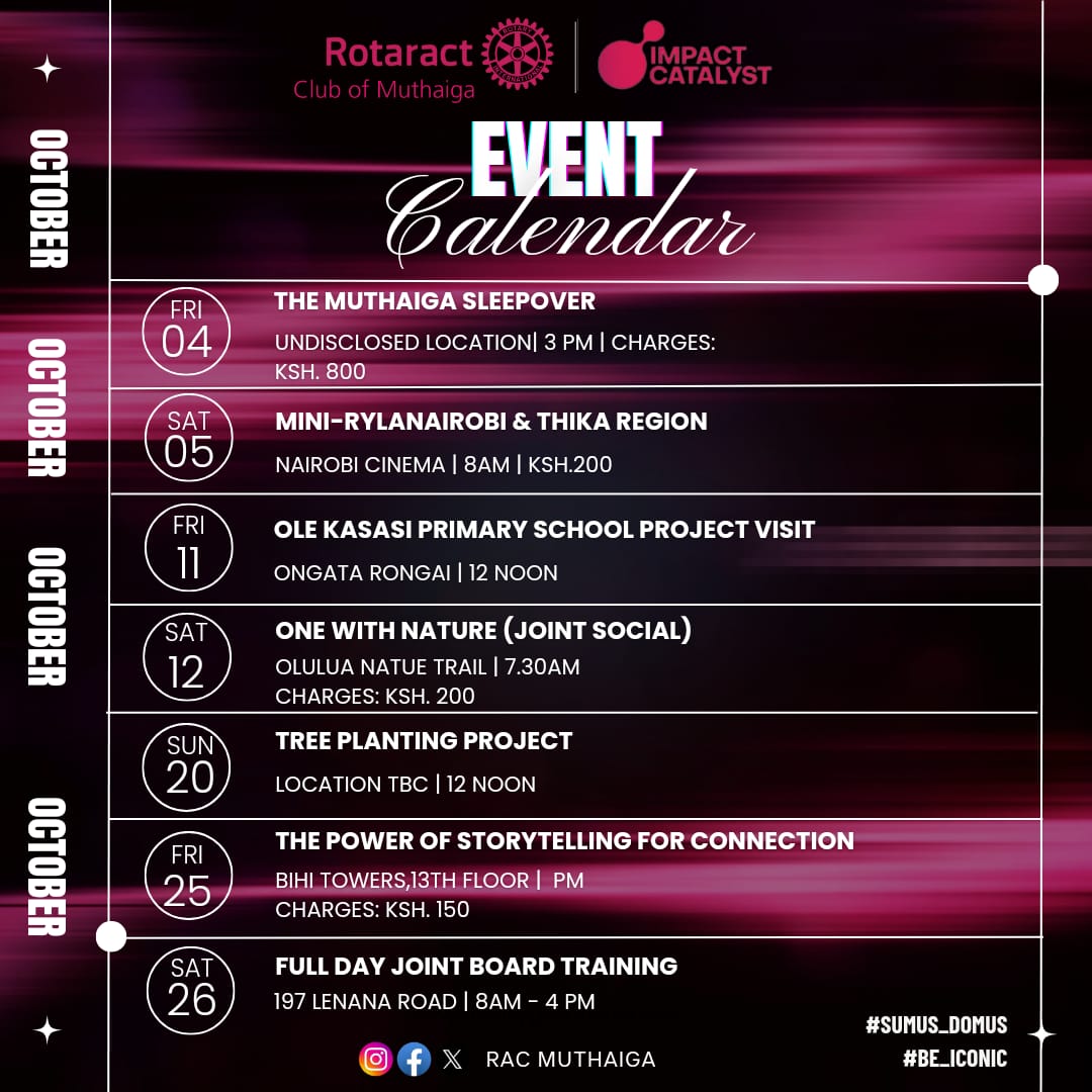 It's October!! 🥳✨
Economic and community development month

Stay up to date with our calendar of events and feel free to join us as we continue to create a lasting impact and create a difference!✨

#Sumus_Domus #TheMagicOfRotary #ImpactCatalyst #October #Be_Iconic