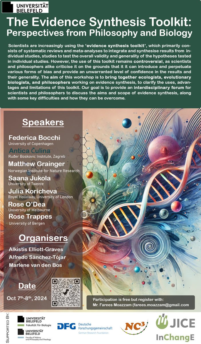 Alfredo Sánchez-Tójar (@asanchez_tojar) on Twitter photo Today is the day. We are hosting the workshop <a href="/unibielefeld/">Bielefeld University</a>:
"The #EvidenceSynthesis Toolkit: Perspectives from Philosophy and Biology"
Unmatchable list of speakers (tags in the pic!)
Supported by <a href="/dfg_public/">DFG public | @dfg_public@wisskomm.social</a> <a href="/NC3Niche/">NC3</a> <a href="/JICE_InChangE/">InChangE</a> #systematicreview #metaanalysis Today is the day. We are hosting the workshop <a href="/unibielefeld/">Bielefeld University</a>:
"The #EvidenceSynthesis Toolkit: Perspectives from Philosophy and Biology"
Unmatchable list of speakers (tags in the pic!)
Supported by <a href="/dfg_public/">DFG public | @dfg_public@wisskomm.social</a> <a href="/NC3Niche/">NC3</a> <a href="/JICE_InChangE/">InChangE</a> #systematicreview #metaanalysis