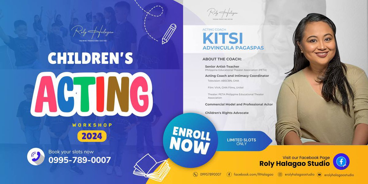 Ignite your child's passion for performance ✨ 

We offer the following courses for children ages (6-11)

• Film Acting
• TV Commercial Acting

For inquiries, enrollment, and enlistment, please do send us a PM. Further inquiries can be sent to our mobile number 0995 789 0007