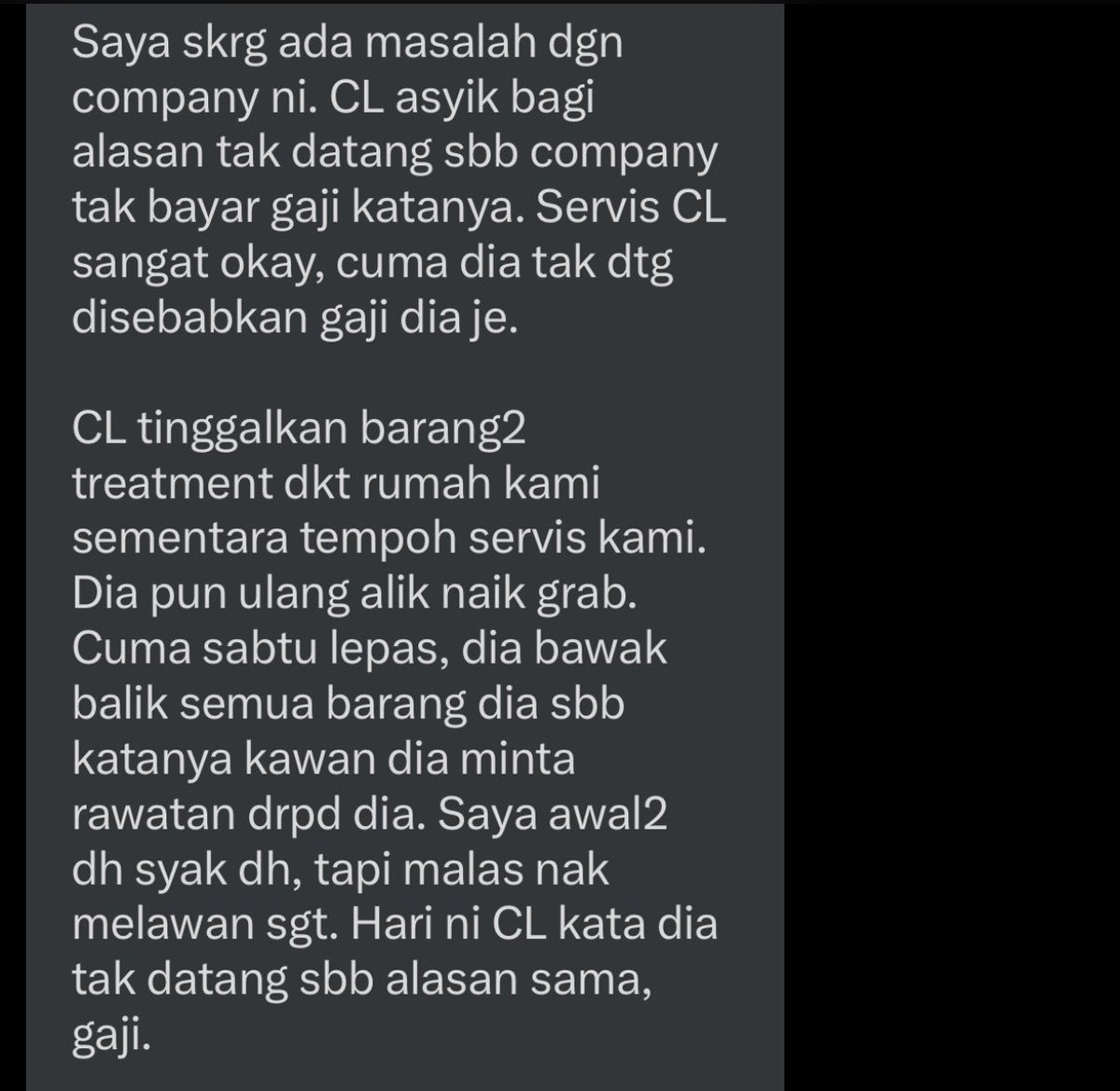 pelisahh's tweet photo. client2 tersakiti AYU CHANTIQ CONFINEMENT, kalau CL dah datang and kerja for a few days pastu MIA, korang buat apa? 

i think nak suruh CL datang pun mcm susah je at this point https://t.co/XqSEiLHZdF