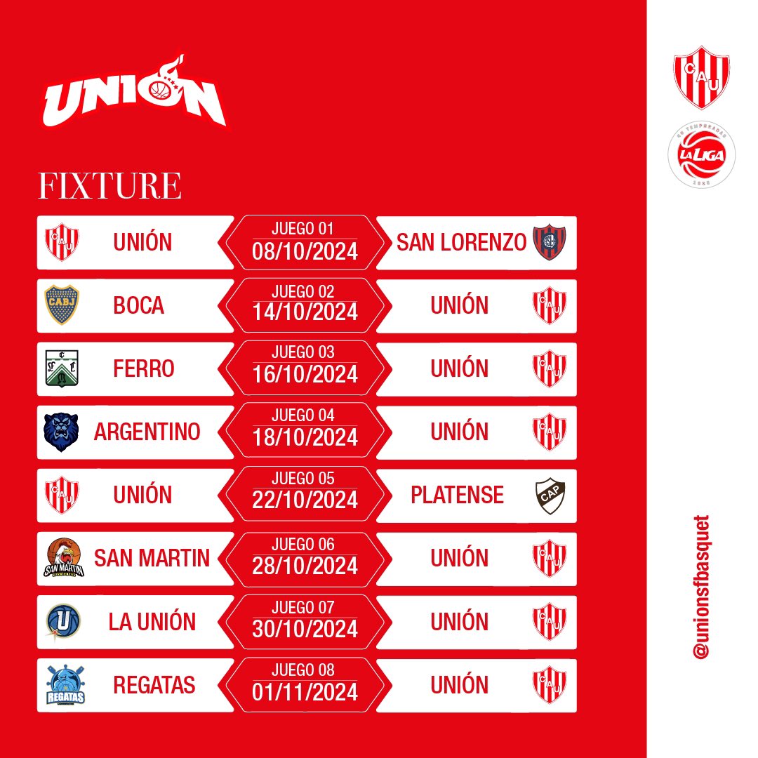 #LigaNacional 

Cuenta regresiva para el primer partido de la temporada 41.

🔜 Martes 8/10
🆚 San Lorenzo de Almagro 
🕤 21:30 hs 
🏠 Estadio Ángel Malvicino

¡Tenes que estar ahí! ¡Vamos Tate! 

#Union #Unionbasquet #SanLorenzo