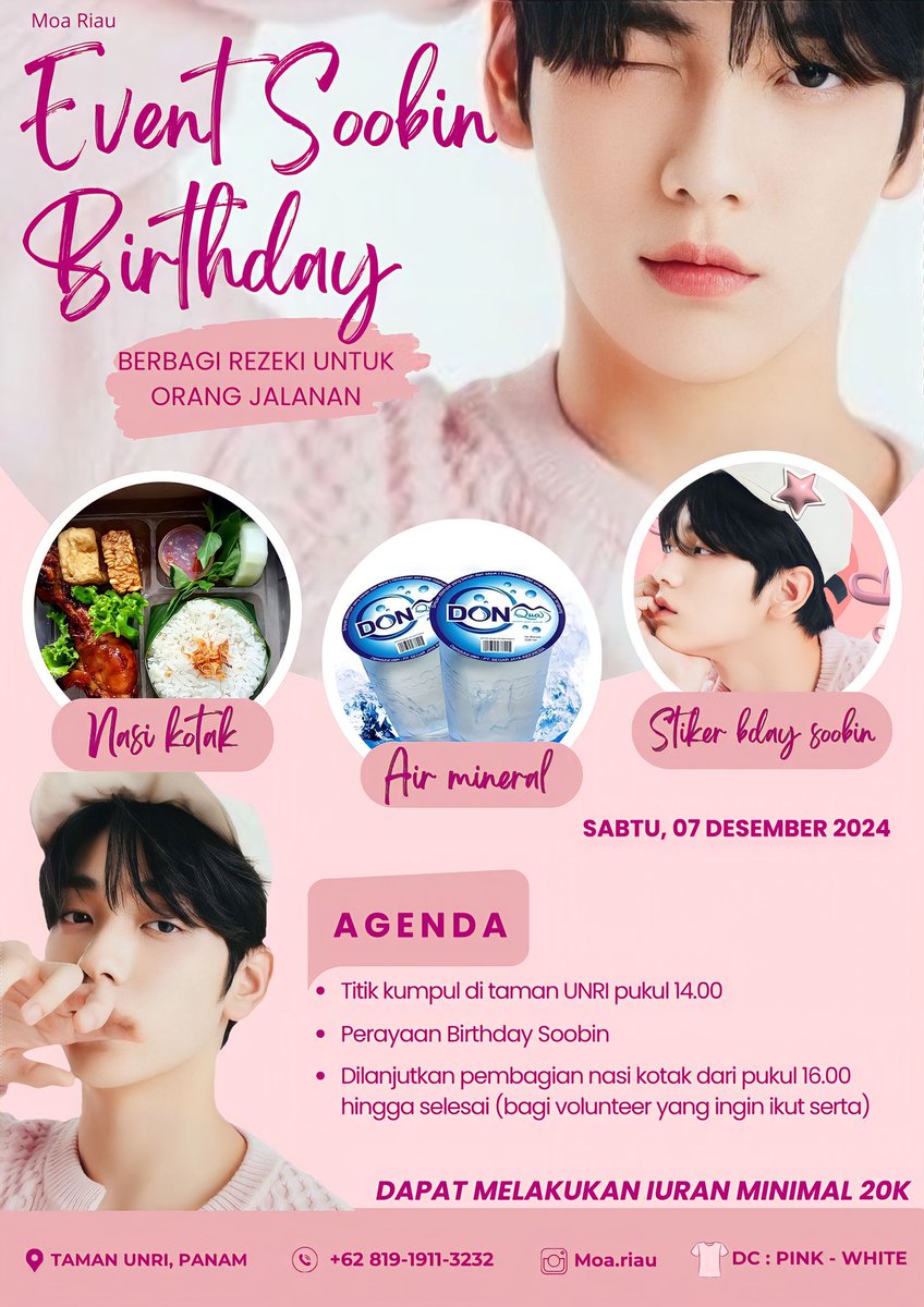 Event Soobin Birthday &amp; Fundarising Project 💗 

Annyeong MOA Pekanbaru dan Riau!

Yuk ikutan Event Soobin Birthday sambil berbagi rezeki untuk orang jalanan 🌸

🗓 Sabtu, 7 Desember 2024
⏰ 14.00 WIB
💌 Iuran minimum 20k
📍Titik kumpul : Taman UNRI
maps.app.goo.gl/Bw8w9Q6z19LHxy…