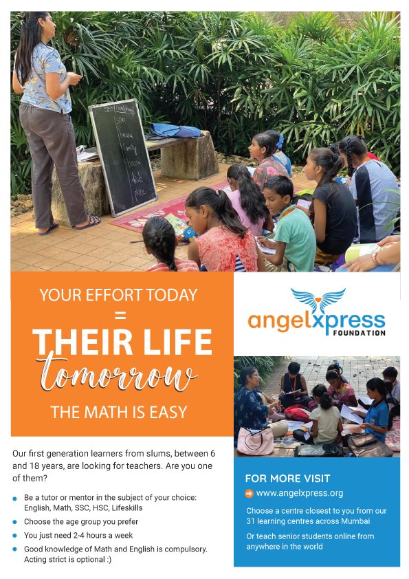 We are hiring. Do share and spread the word among your circles from Mahim to Juhu. 

Angel Xpress Foundation is looking for a co-manager for its Santacruz center for senior students operating from Rajesh Khanna Garden. Timings 8 am to 11 am. 

==