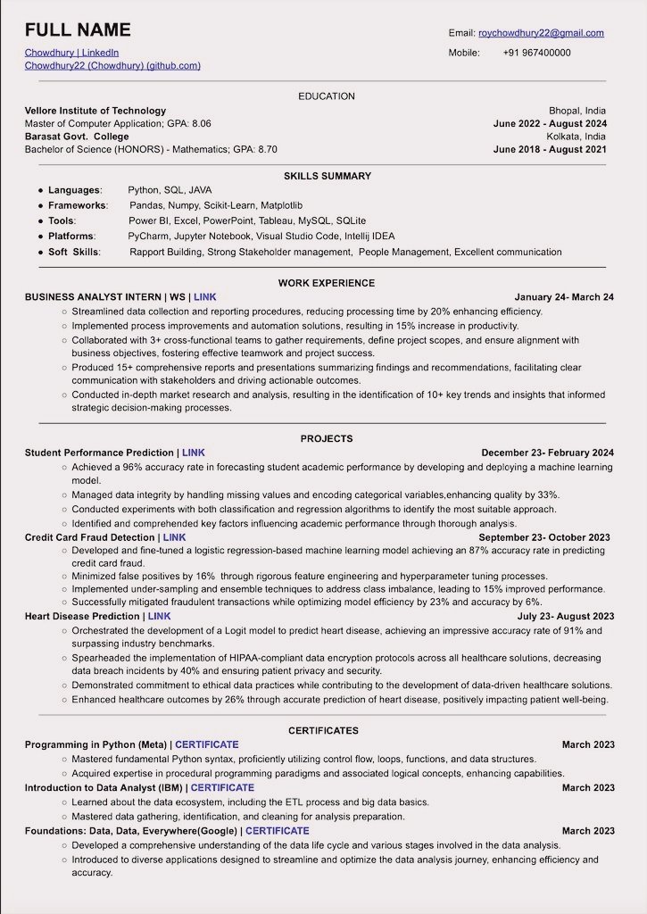 therjrajesh's tweet image. This Resume has an ATS score of more than 90 🤯

This Resume helped many in getting an interview calls from companies like Google, Microsoft, Amazon, and many more. 💼

I have personally used this single-column resume in my job hunting and got amazing results

I am sharing the…
