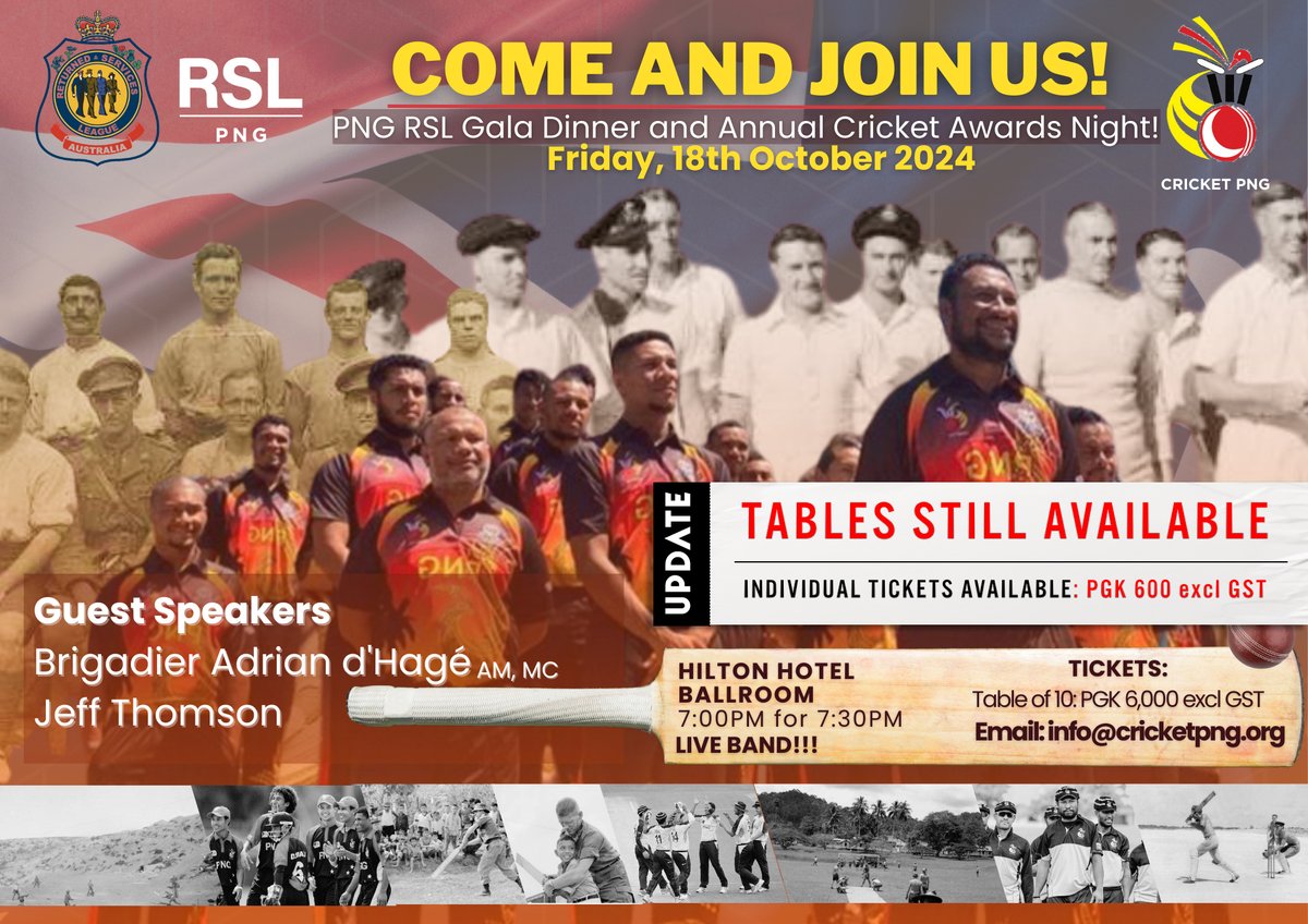 Secure a table for 10 people for just K6,000.

Individual ticket available also for K600

📷 Date: 18th October
📷 Venue: Hilton Hotel (Ballroom)
📷 Time: 7:00pm - 7:30pm

To purchase a table, please email: info@cricketpng.org.