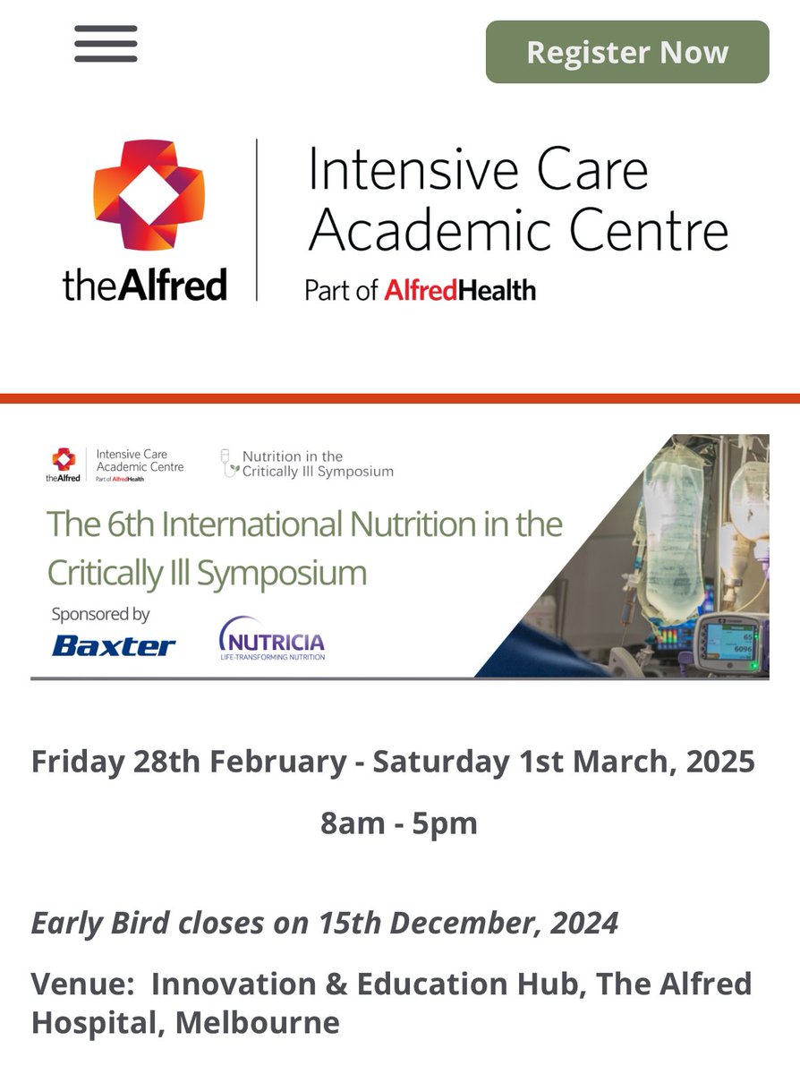 Join us for the 6th Nutrition in the Critically Ill Symposium. 

Feb 28th- 1st March in Melbourne

We are thrilled to have Prof Arthur van Zanten, Prof Andrea Marshall and may other local experts 

Early bird ends 15th Dec

web.cvent.com/event/625d9710…