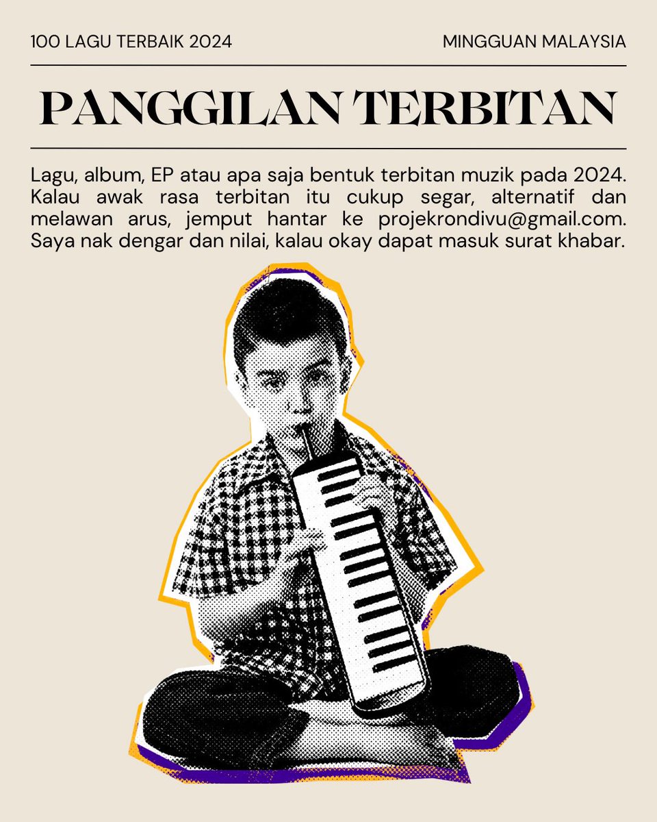 KU SYAFIQ (@inirondivu) on Twitter photo Nak cuba buat list 100 lagu terbaik (dan mungkin album/ep terbaik jugak) lagi tahun ni. Kalau berminat nak masuk boleh email ke projekrondivu@gmail.com. Terutamanya untuk mereka yang release bukan dalam dsp biasa, bandcamp contohnya. Tapi make sure dah release publicly dulu ya. Nak cuba buat list 100 lagu terbaik (dan mungkin album/ep terbaik jugak) lagi tahun ni. Kalau berminat nak masuk boleh email ke projekrondivu@gmail.com. Terutamanya untuk mereka yang release bukan dalam dsp biasa, bandcamp contohnya. Tapi make sure dah release publicly dulu ya.