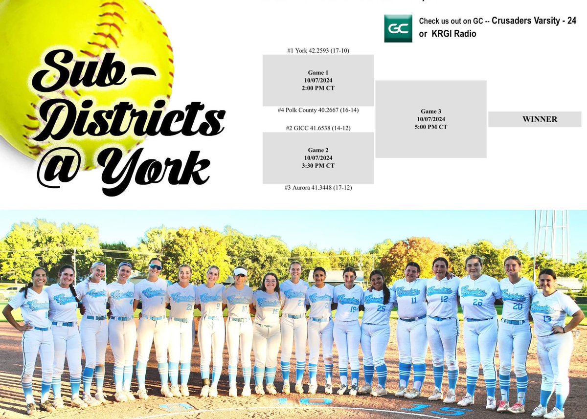 Let’s go Crusaders!!  🥎
⏰ 3:30
📍York Ball fields 
🗓️ 10/7
📺 Crusaders 24 GC