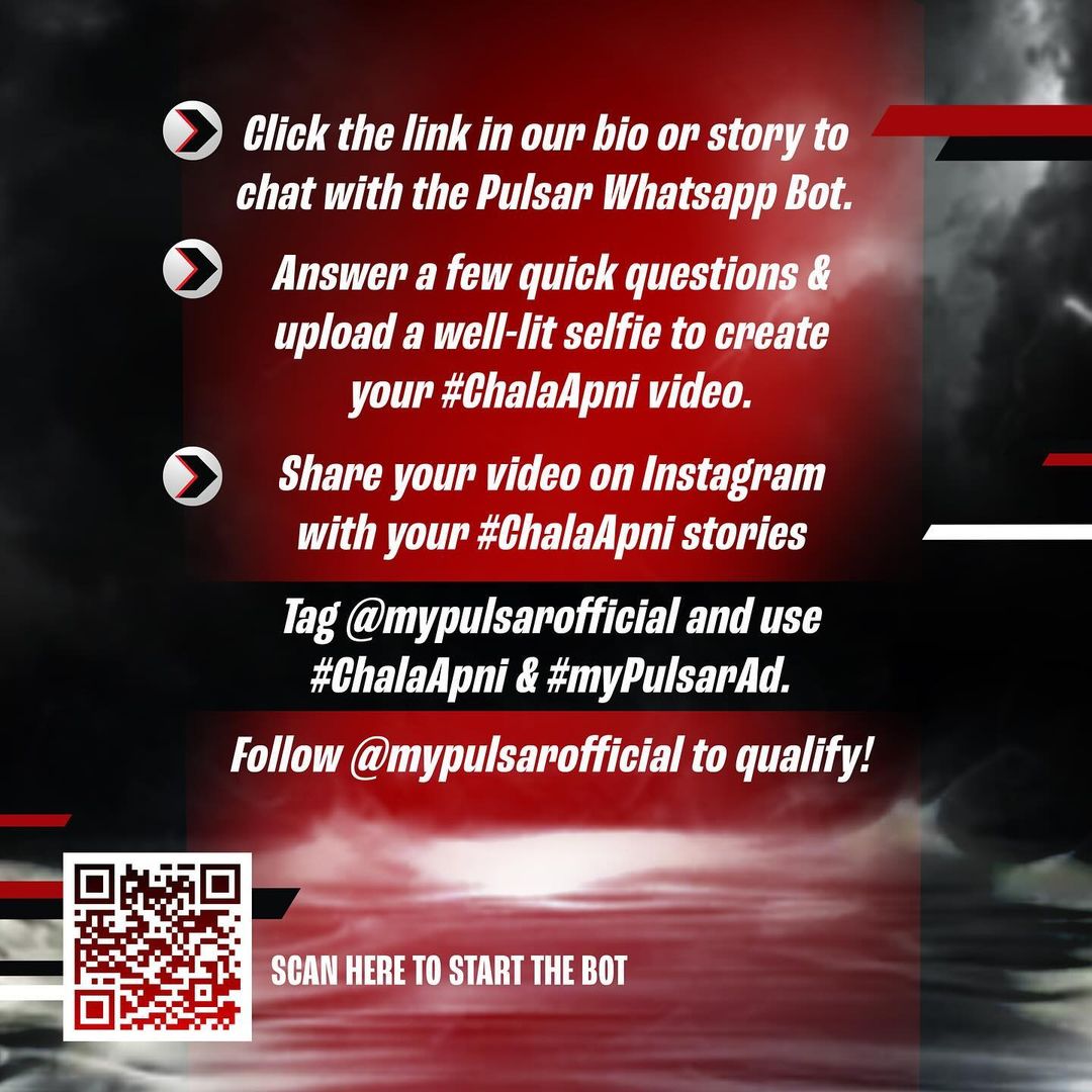 _bajaj_auto_ltd's tweet image. Maniacs, are you ready to be the face of Pulsar?

Chat with the Pulsar WhatsApp bot and get a #ChalaApni film that’s made specially for you.

Visit link in bio to get started.

#BajajPulsar #DefinitelyDaring #PulsarNS400z