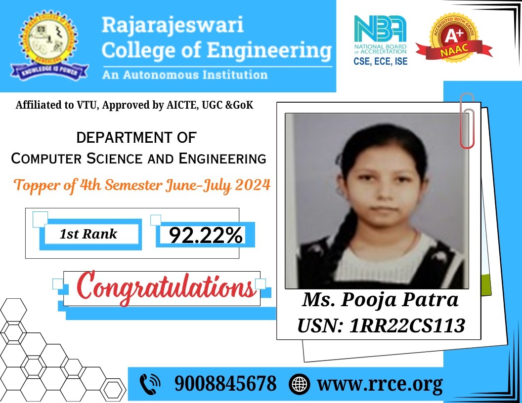 rrceblr's tweet image. #CSE
🎉 #Congratulations, Ms. Pooja Patra! 🎉

The Department of #Computer_Science_and_Engineering at #Rajarajeswari_College_of_Engineering is proud to announce that our talented student, Ms. Pooja Patra (USN: 1RR22CS113), has secured 1st Rank with an outstanding score of 92.22%!