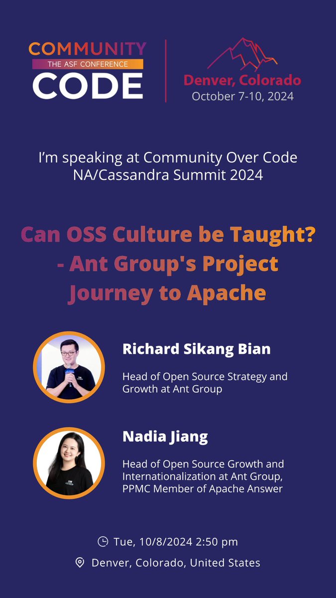 RichSFO's tweet image. Hello ๐บ๐ธ! Thrilled to attend #CommunityOverCodeNA for the first time!
๐ Felt honored with 3 CFP accepted. AntOSS is here for a coherent story: OSS culture is hard to teach due to anti-patterns; we built Ant Incubator to help; and in 2023 we send 3 projects to Apache ๐ CU soon!