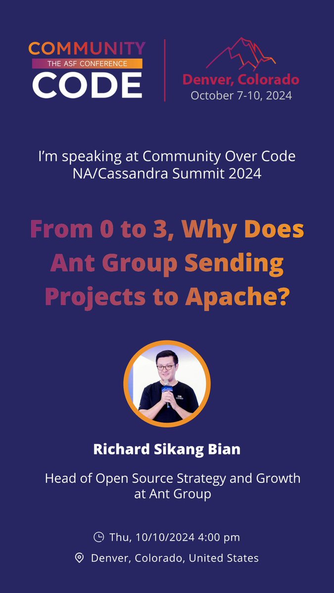 RichSFO's tweet image. Hello ๐บ๐ธ! Thrilled to attend #CommunityOverCodeNA for the first time!
๐ Felt honored with 3 CFP accepted. AntOSS is here for a coherent story: OSS culture is hard to teach due to anti-patterns; we built Ant Incubator to help; and in 2023 we send 3 projects to Apache ๐ CU soon!