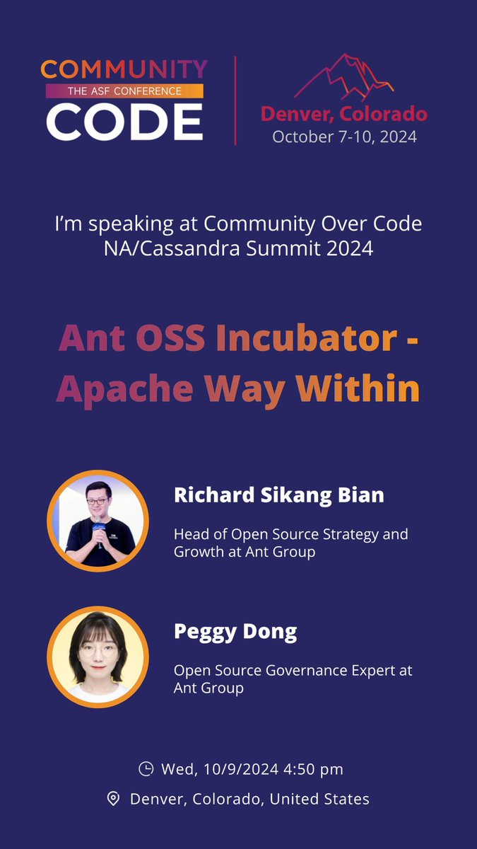 RichSFO's tweet image. Hello ๐บ๐ธ! Thrilled to attend #CommunityOverCodeNA for the first time!
๐ Felt honored with 3 CFP accepted. AntOSS is here for a coherent story: OSS culture is hard to teach due to anti-patterns; we built Ant Incubator to help; and in 2023 we send 3 projects to Apache ๐ CU soon!