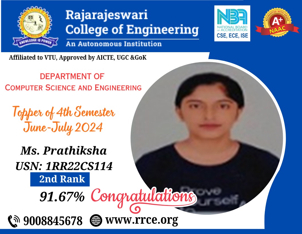 rrceblr's tweet image. We are delighted to share that Ms. Prathiksha (USN: 1RR22CS114) from the Department of #Computer_Science_and_Engineering at #Rajarajeswari_College_of_Engineering has secured 2nd Rank in the 4th Semester #VTU Examinations (June-July 2024) with an impressive score of 91.67%!
