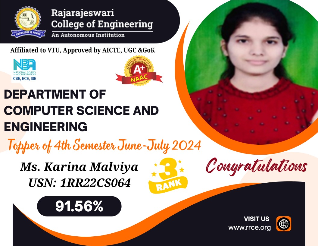 rrceblr's tweet image. We are proud to announce that Ms. Karina Malviya (USN: 1RR22CS064) from the Department of #Computer_Science_and_Engineering at #Rajarajeswari_College_of_Engineering has secured 3rd Rank in the 4th Semester #VTU Examinations (June-July 2024) with an exceptional score of 91.56%!