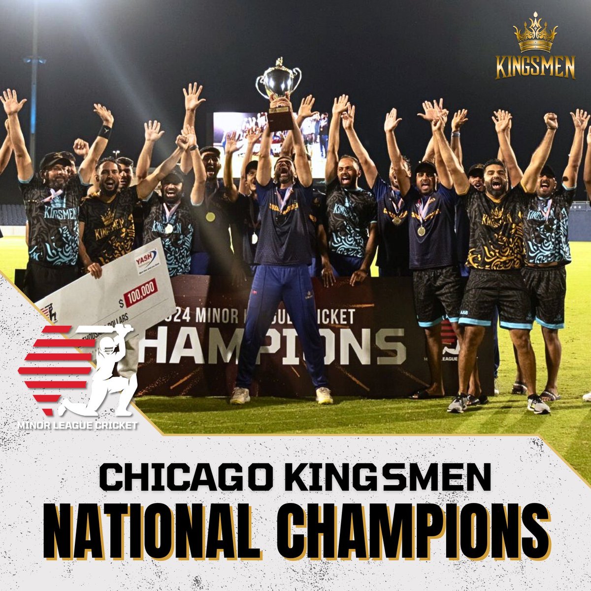 Introducing your #MiLC2024 𝐂𝐇𝐀𝐌𝐏𝐈𝐎𝐍𝐒 🏆 🎉 🙌 

The u̲n̲d̲e̲f̲e̲a̲t̲e̲d̲ Chicago Kingsmen take home the trophy!!! 🇺🇸 🏏