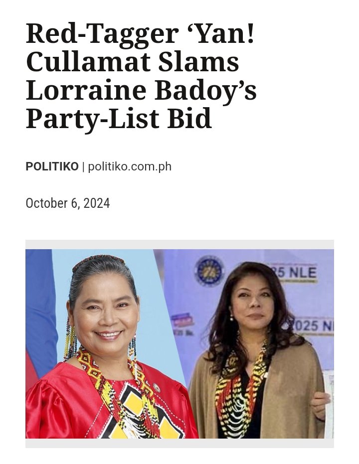 59 BAYAN MUNA Partylist (@bayanmuna) on Twitter photo IN THE NEWS | ๐ฅ๐ฒ๐ฑ-๐๐ฎ๐ด๐ด๐ฒ๐ฟ โ๐๐ฎ๐ป! ๐๐๐น๐น๐ฎ๐บ๐ฎ๐ ๐๐น๐ฎ๐บ๐ ๐๐ผ๐ฟ๐ฟ๐ฎ๐ถ๐ป๐ฒ ๐๐ฎ๐ฑ๐ผ๐โ๐ ๐ฝ๐ฎ๐ฟ๐๐-๐น๐ถ๐๐ ๐ฏ๐ถ๐ฑ
Former Bayan Muna Cong. <a href="/EufemiaCullamat/">Eufemia Cullamat</a> criticized Lorraine Badoy who is the second nominee of Epanaw Sambayanan party-list, seeking to represent the IN THE NEWS | ๐ฅ๐ฒ๐ฑ-๐๐ฎ๐ด๐ด๐ฒ๐ฟ โ๐๐ฎ๐ป! ๐๐๐น๐น๐ฎ๐บ๐ฎ๐ ๐๐น๐ฎ๐บ๐ ๐๐ผ๐ฟ๐ฟ๐ฎ๐ถ๐ป๐ฒ ๐๐ฎ๐ฑ๐ผ๐โ๐ ๐ฝ๐ฎ๐ฟ๐๐-๐น๐ถ๐๐ ๐ฏ๐ถ๐ฑ
Former Bayan Muna Cong. <a href="/EufemiaCullamat/">Eufemia Cullamat</a> criticized Lorraine Badoy who is the second nominee of Epanaw Sambayanan party-list, seeking to represent the