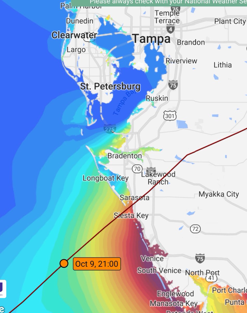 What a difference 30 miles can make. 
Left: Saturday night NHC track. 10+ft surge into Tampa Bay. 
Right: Sunday night NHC track. No surge into Tampa Bay. 
Illustrates how much of a squeaker this is. Pins and needles. 
Track north of Tampa Bay still very much possible. 
<a href="/WFLA/">WFLA NEWS</a>