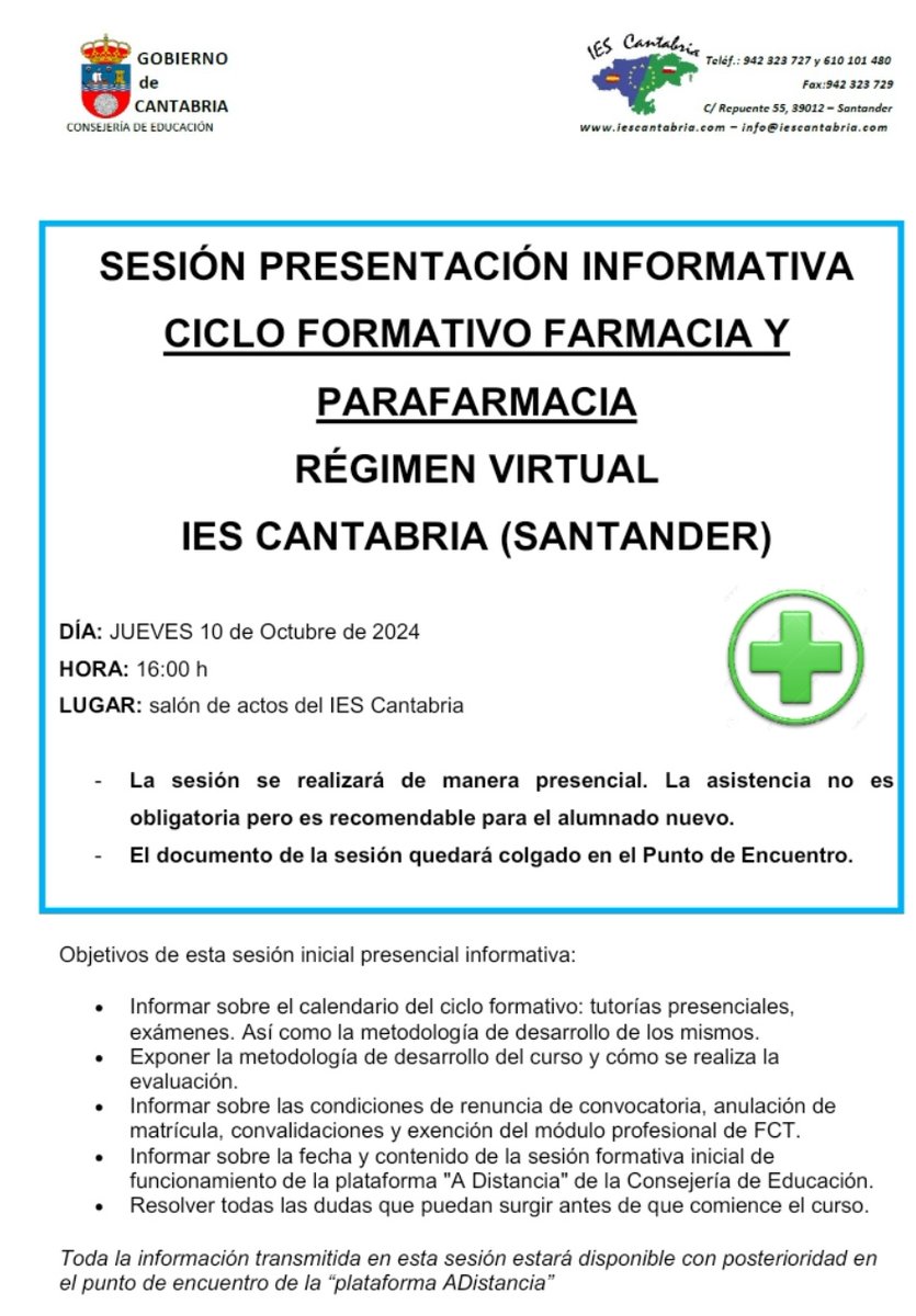 IES_Cantabria's tweet image. El jueves 10 de octubre de 2024,  a las 16:00 horas y en el Salón de Actos del IES Cantabria, se celebrará la sesión inicial informativa del CICLO FORMATIVO FARMACIA Y PARAFARMACIA, régimen virtual.