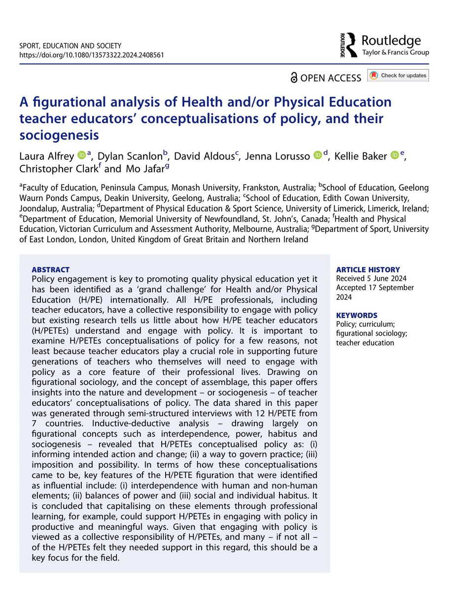 Dylan Scanlon (@dylan_scanlon1) on Twitter photo 🚨New pub with amazing colleagues led by @LauraAlfrey in <a href="/SESJournal/">Sport, Education and Society Journal</a> :
A figurational analysis of HPE teacher educators, conceptualisations of policy
Read at: tandfonline.com/doi/full/10.10…
<a href="/deakinresearch/">Deakin Research</a> <a href="/MonashEducation/">Monash Education</a> <a href="/PessLimerick/">PESS @ UL</a> 🚨New pub with amazing colleagues led by @LauraAlfrey in <a href="/SESJournal/">Sport, Education and Society Journal</a> :
A figurational analysis of HPE teacher educators, conceptualisations of policy
Read at: tandfonline.com/doi/full/10.10…
<a href="/deakinresearch/">Deakin Research</a> <a href="/MonashEducation/">Monash Education</a> <a href="/PessLimerick/">PESS @ UL</a>