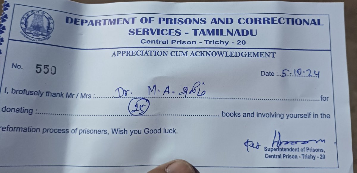 drmaaleem's tweet photo. Received Appreciation Certificate from the Department of Prisions and Correctional Services Government of Tamilnadu Central Prison Trichy for giving books by involving in the reformation process of #Prisioners on 05.10.2024 at the #Trichy's 3rd #BookFestival2024. https://t.co/4jOn3GxSlL