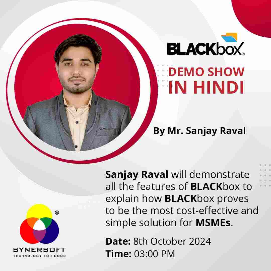 SynersoftTech's tweet image. Join us for a special BLACKbox Demo Show by Sanjay Raval in Hindi! Discover how BLACKbox simplifies IT for MSMEs while solving data loss, leakage, WFH security, and more. 8th Oct, 3 PM. Register now at synersoft.in/webinars/8thOc…

#BLACKbox #MSMESolutions #DataSecurity #TechWebinar