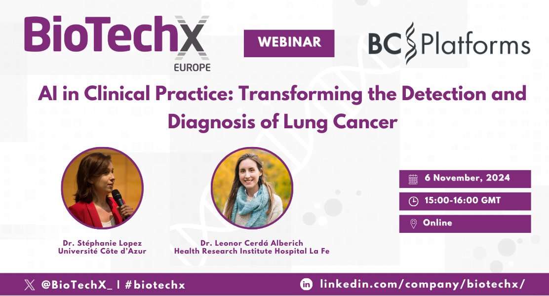 BCPlatforms's tweet image. 🫁 Join our #BioTechXEurope Webinar on Nov 6: &quot;AI in Clinical Practice: Transforming Lung Cancer Detection.&quot;
🕓 16:00 CET | Speakers include Dr. Stéphanie Lopez &amp;amp; Dr. Leonor Cerdá Alberich.
🎟️ Register now: bit.ly/3ZRMdRR
#AIinHealthcare #LungCancer