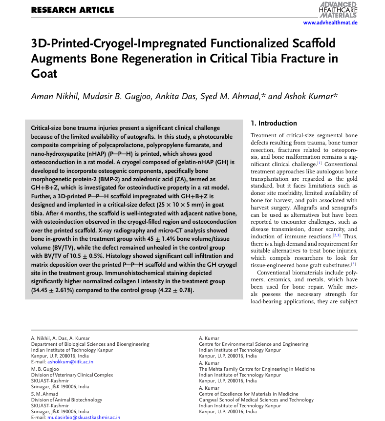 AKBioLabs1's tweet photo. Our recent work on functionalized 3D printed scaffold in #WileyAdvHealthMat focuses on bone regeneration in critical tibia fracture in higher animals. Congratulations to @AMANIKHIL921 @AnkitaDas1207.
@BSBEIITK1 @mfcem_iitk @IITKanpur @IITKMedSchool
https://t.co/sd0XnDRqSW https://t.co/XXh1ChQml6