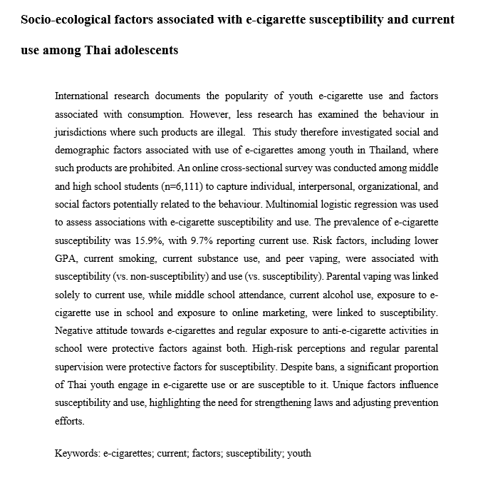 “Socio-ecological factors associated with e-cigarette susceptibility and current use among Thai adolescents” by Chakkraphan Phetphum (Naresuan University), Orawan Keeratisiroj, &amp; Atchara Prajongjeep #accepted