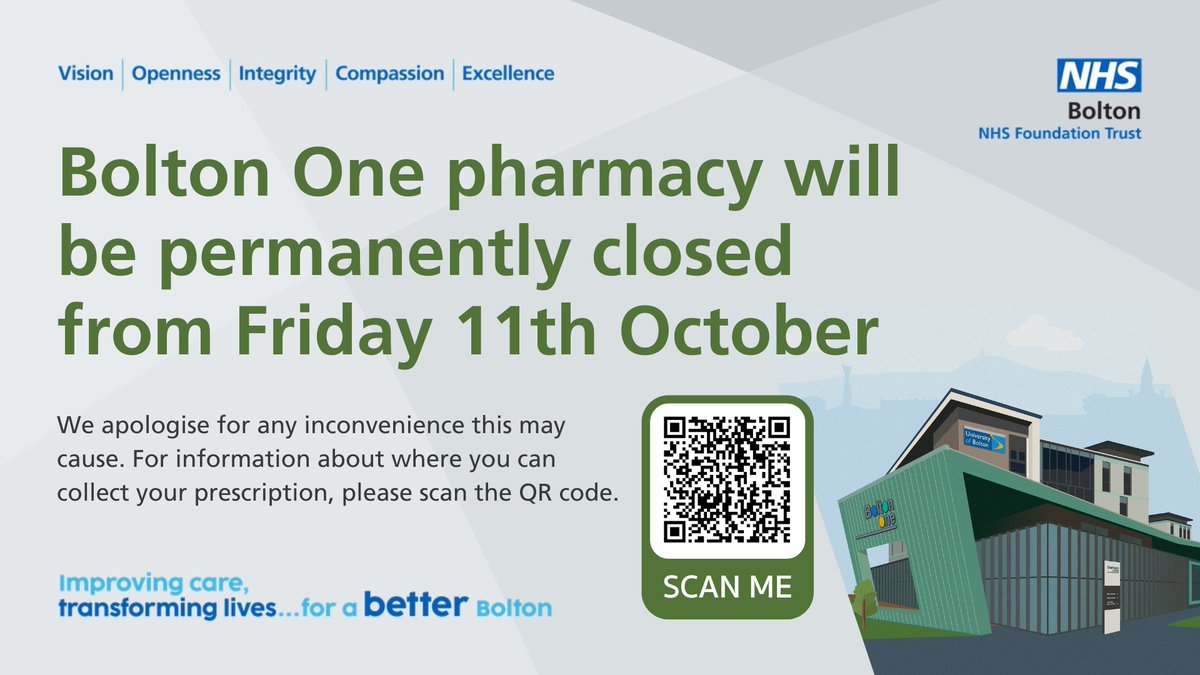boltonnhsft's tweet photo. Our pharmacy at Bolton One is to permanently close from Friday 11 October 2024.

The service has experienced a significant reduction in demand, with a number of alternative pharmacy services now available in the area.

https://t.co/aBVJNslMkT https://t.co/l662WSSUOp