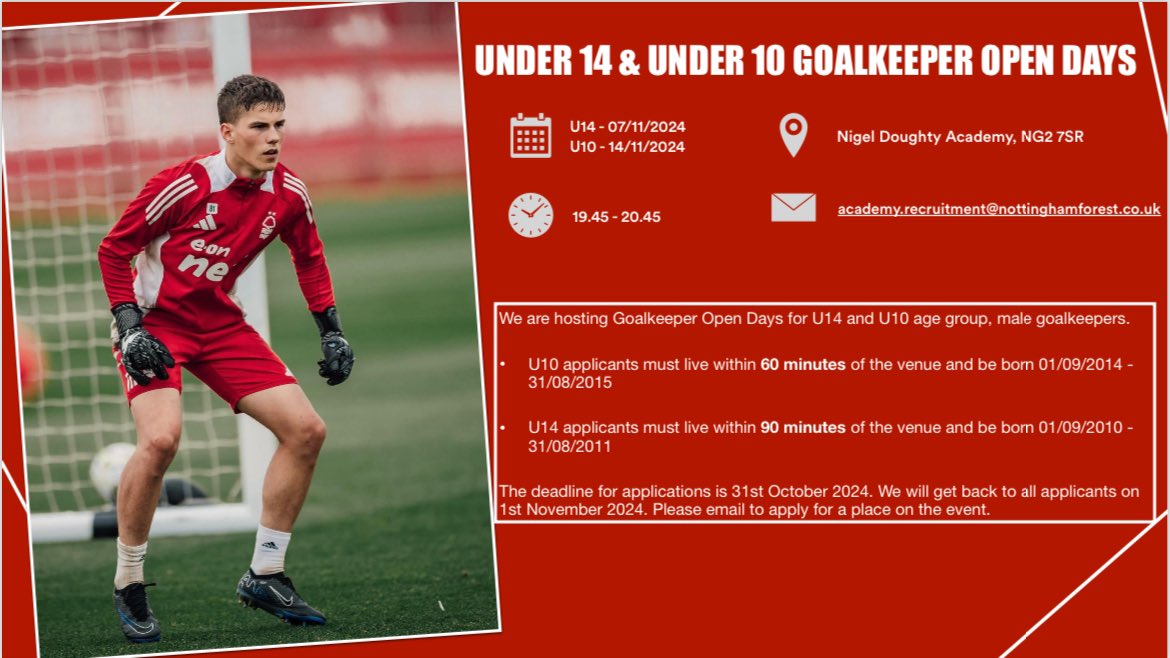 🌳 🧤 NOTTINGHAM FOREST Under 14  &amp; Under 10 GOALKEEPER OPEN DAYS 🧤 🌳 
 
Please see details on how to apply below