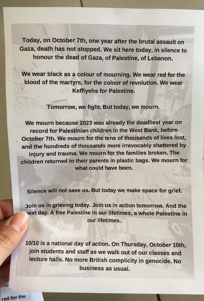 Join Goldsmiths for Palestine right now at RHB as we mourn together in silence to honor the dead of Gaza, of Palestine, of Lebanon. Tomorrow, we continue the fight. Today, we mourn.