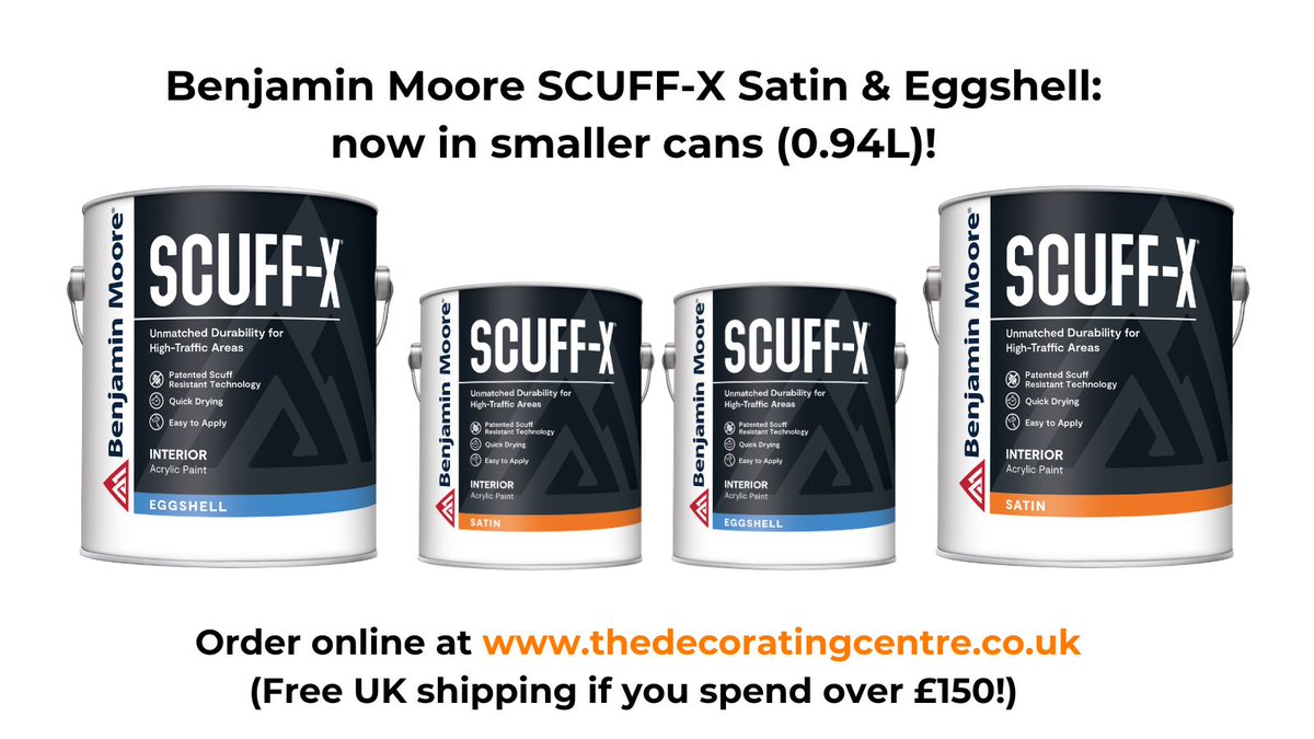 We are now taking orders for the new Benjamin Moore SCUFF-X smaller can size, which is available in both Satin and Eggshell finishes! 

You'll now be able to use SCUFF-X for small decorating jobs, like accent walls, furniture, kitchen islands or skirting boards, without too much