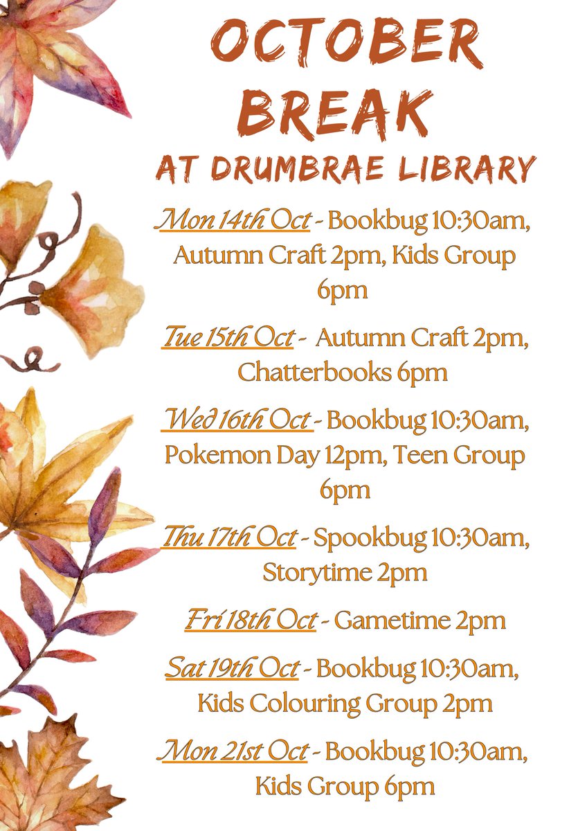Hellooooo!! The October break is only a week away and we have fantastic events running through the week! All are free and there is no need to book :D See you there!