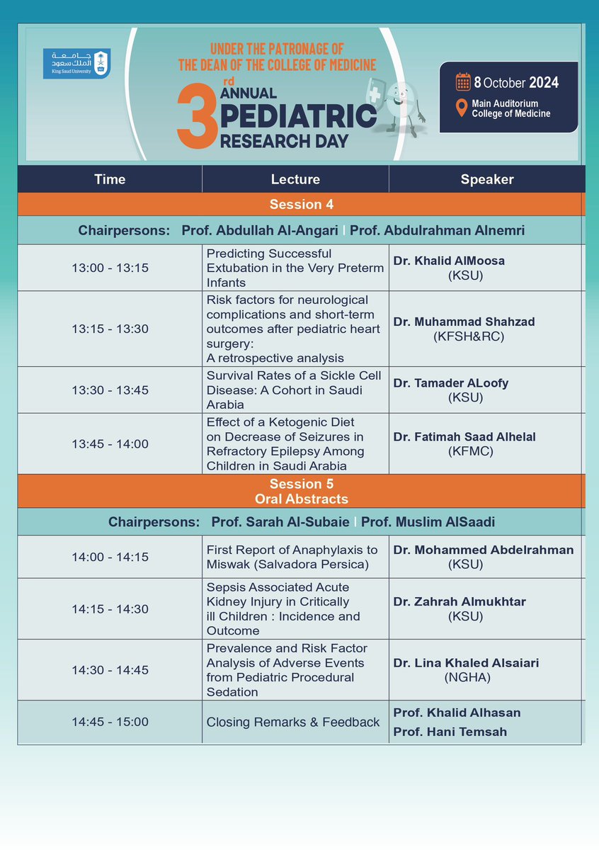 تحت رعاية سعادة عميد الكلية د. بندر الجفن، ندعوكم لحضور "يوم البحث الثالث لقسم طب الأطفال" بـ #كلية_الطب، بمشاركة أكثر من 70 بحثًا من مختلف الجامعات والقطاعات الصحية.

🗓️ الثلاثاء 8 أكتوبر 2024م
🕘 8:30 صباحًا - 3:00 مساءً
📍 القاعة الرئيسية - كلية الطب