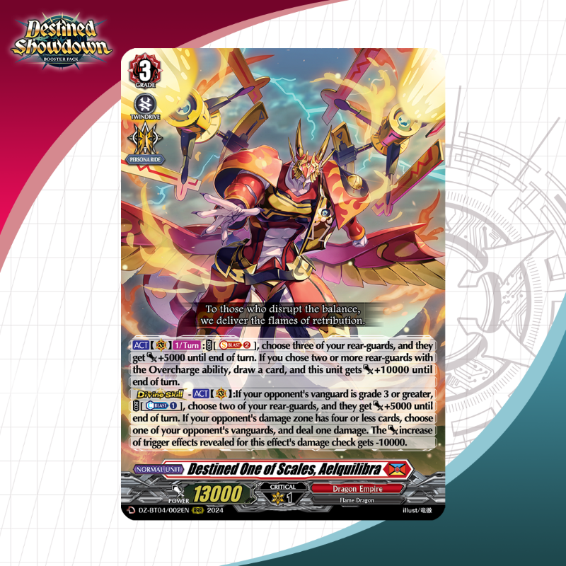 Today's featured card is Destined One of Scales, Aelquilibra! Booster Pack  04: Destined Showdown releases on October 25 at your local store!   https://t.co/f5gLexXBtJ #CardfightVanguard #TCG