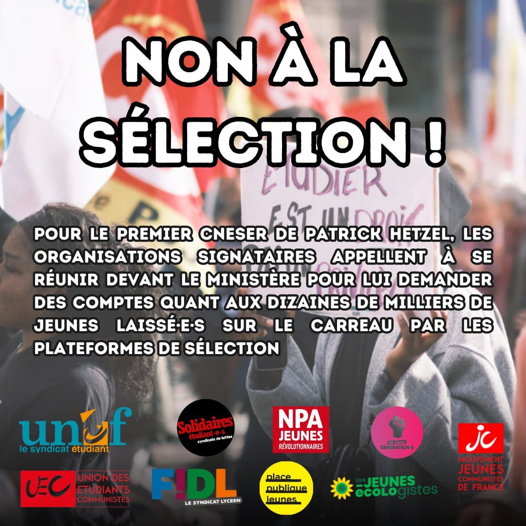 Contre la sélection, interpellons le ministre de l’Enseignement supérieur demain à 9h devant le ministère ! 

1/2