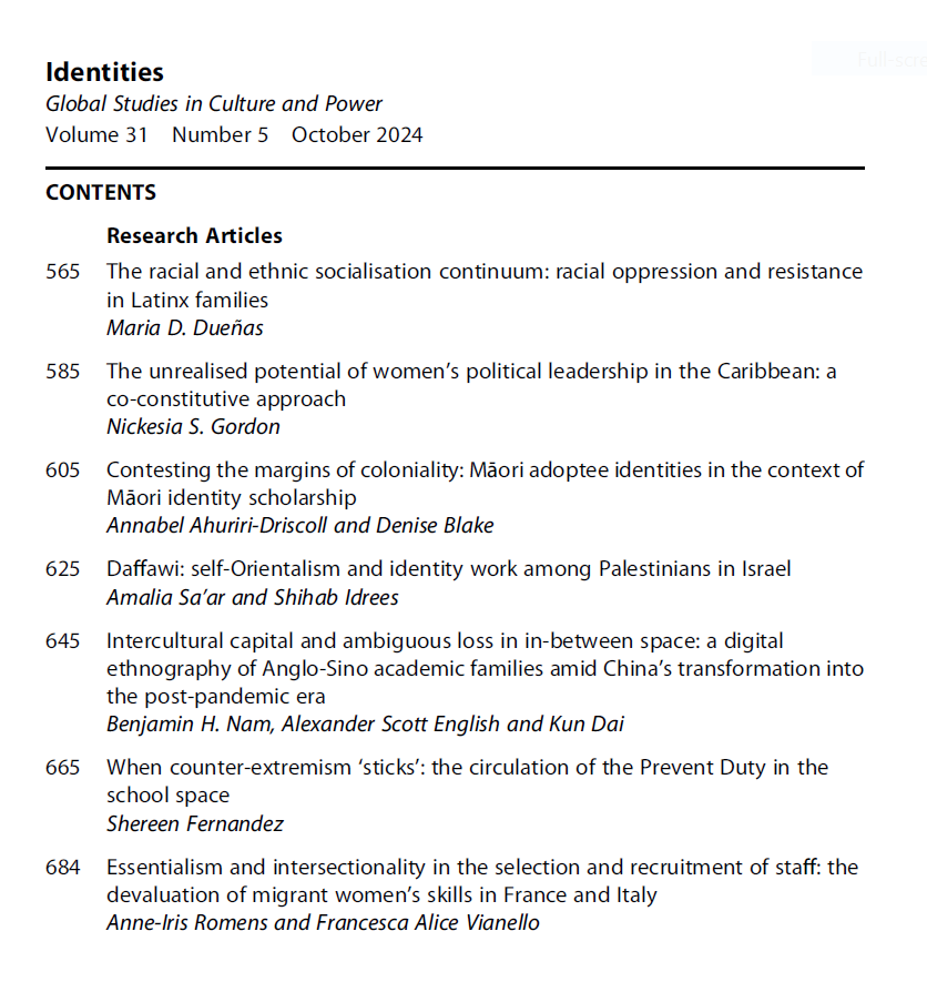 Identities: Global Studies in Culture and Power (@idjnl) on Twitter photo The latest issue of #Identities is now online!
With articles by <a href="/MariaDDuenas/">Maria Duenas, PhD</a>, <a href="/AnnabelAhuriri/">Annabel Ahuriri</a>, <a href="/ShereenFDZ/">Shereen Fernandez</a> and more.
<a href="/tandfhss/">T&F Social Sciences and Humanities</a> @NasarMeer <a href="/aaronzwinter/">Aaron Winter</a> #NewIssue #LatestIssue
Explore 31(5) ⬇️
tandfonline.com/toc/gide20/31/5 The latest issue of #Identities is now online!
With articles by <a href="/MariaDDuenas/">Maria Duenas, PhD</a>, <a href="/AnnabelAhuriri/">Annabel Ahuriri</a>, <a href="/ShereenFDZ/">Shereen Fernandez</a> and more.
<a href="/tandfhss/">T&F Social Sciences and Humanities</a> @NasarMeer <a href="/aaronzwinter/">Aaron Winter</a> #NewIssue #LatestIssue
Explore 31(5) ⬇️
tandfonline.com/toc/gide20/31/5