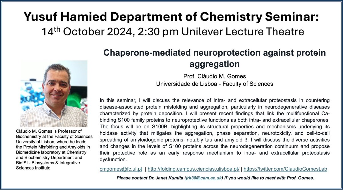 Janet Kumita (@jrkumita) on Twitter photo I have the pleasure of hosting Prof. Claudio Gomes <a href="/ClaudioGomesLab/">Cláudio Gomes Lab - Protein Misfolding in Disease</a> for a seminar on 14th October 2024 (2:30 pm Yusuf Hamied Chemistry Dept) ch.cam.ac.uk/talk/222211. Do come if you are in the area!! <a href="/KnowlesLabCamb/">KnowlesLab Cambridge</a> <a href="/UnivCamPharm/">Dept. of Pharmacology, Univ. Cambridge</a> <a href="/ChemCambridge/">Cambridge Chemistry</a> I have the pleasure of hosting Prof. Claudio Gomes <a href="/ClaudioGomesLab/">Cláudio Gomes Lab - Protein Misfolding in Disease</a> for a seminar on 14th October 2024 (2:30 pm Yusuf Hamied Chemistry Dept) ch.cam.ac.uk/talk/222211. Do come if you are in the area!! <a href="/KnowlesLabCamb/">KnowlesLab Cambridge</a> <a href="/UnivCamPharm/">Dept. of Pharmacology, Univ. Cambridge</a> <a href="/ChemCambridge/">Cambridge Chemistry</a>