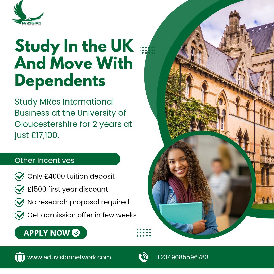 Real_EduVision's tweet photo. Do You Want To Study In The UK and Move With Dependents?

Let us be your surest plug.

Begin your Global Experience by studying MRes International Business at the University of Gloucestershire for just £17,100 and move with your family.

Study o, japa o, we dey for you. https://t.co/1UqNso9byy