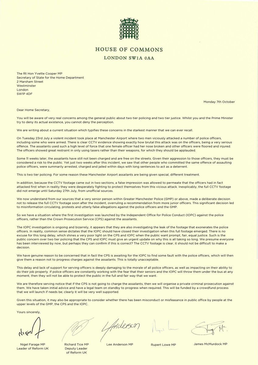 🚨NEW: Reform MPs have written to the Home Secretary about two tier justice in Britain.

If the CPS do not charge the Manchester Airport assailants, we will organise a private criminal prosecution against them.

Police officers cannot work in fear of being thrown under the bus.