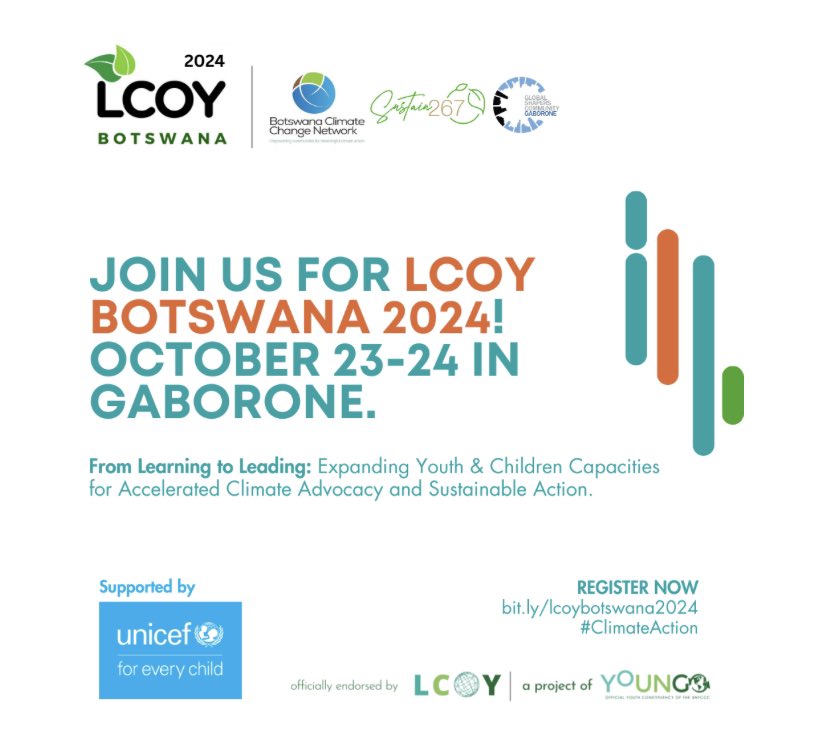 Exciting news! LCOY Botswana 2024 is happening Oct 23-24! Join youth leaders, activists, &amp; innovators as we accelerate climate action. Stay tuned for updates &amp; how to get involved!
Sign up for event info &amp; webinars: bit.ly/lcoybotswana20…
#LCOYBotswana #Youth4Climate